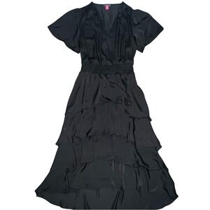 Vince Camuto Black Tiered Ruffle High-Low Dress, V Neck and flutter sleeves sz M